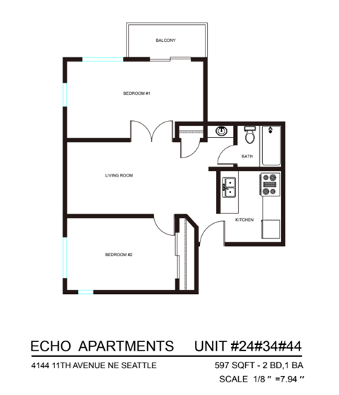 Floor plan for 2 beds, 1 bath, 572 sqft
